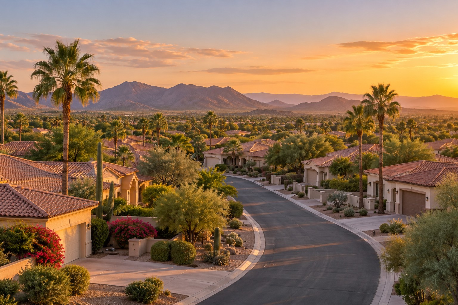 A Scottsdale Arizona desert neighborhood street at golden hour, illustrative