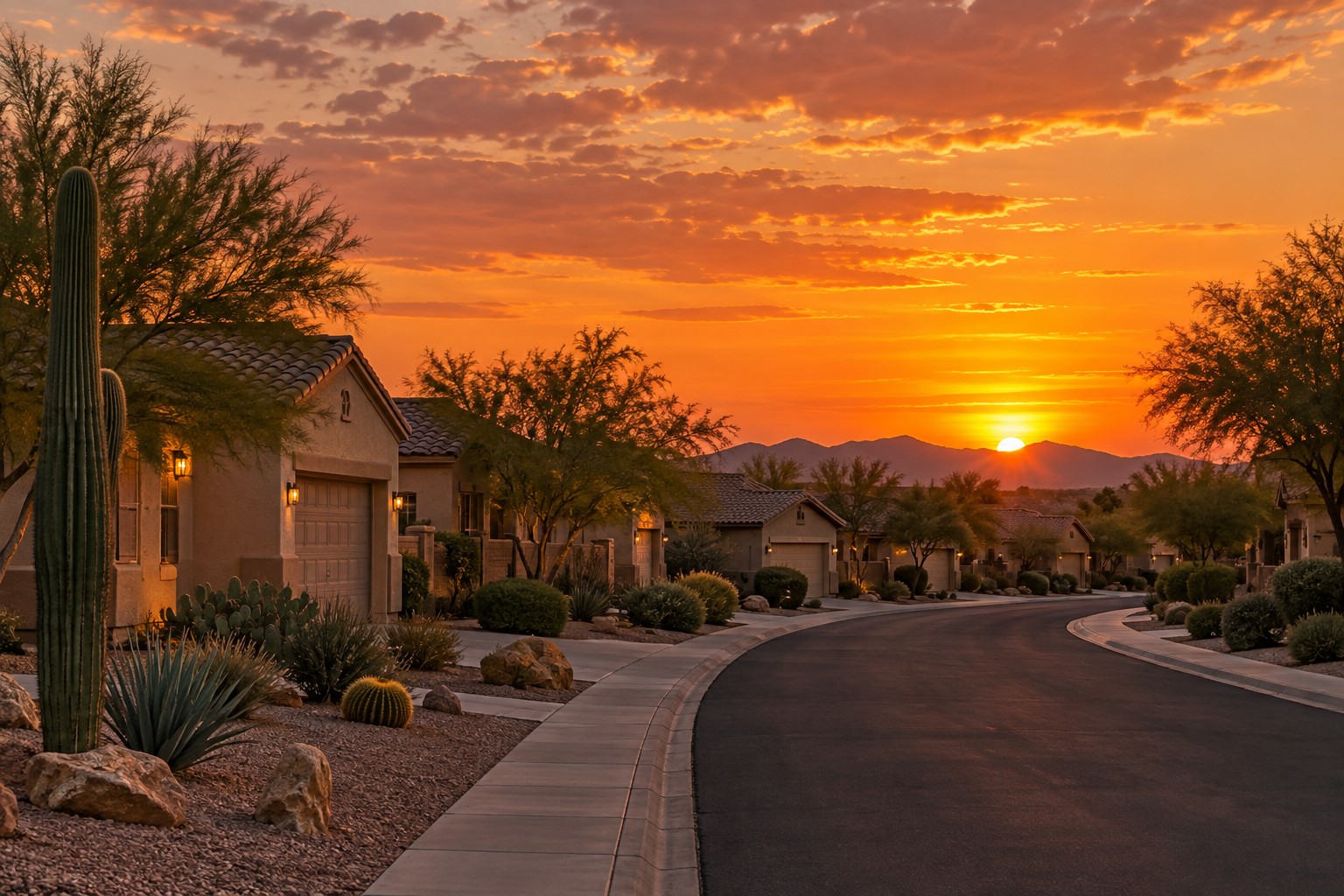 A Phoenix-area street at sunset, illustrative