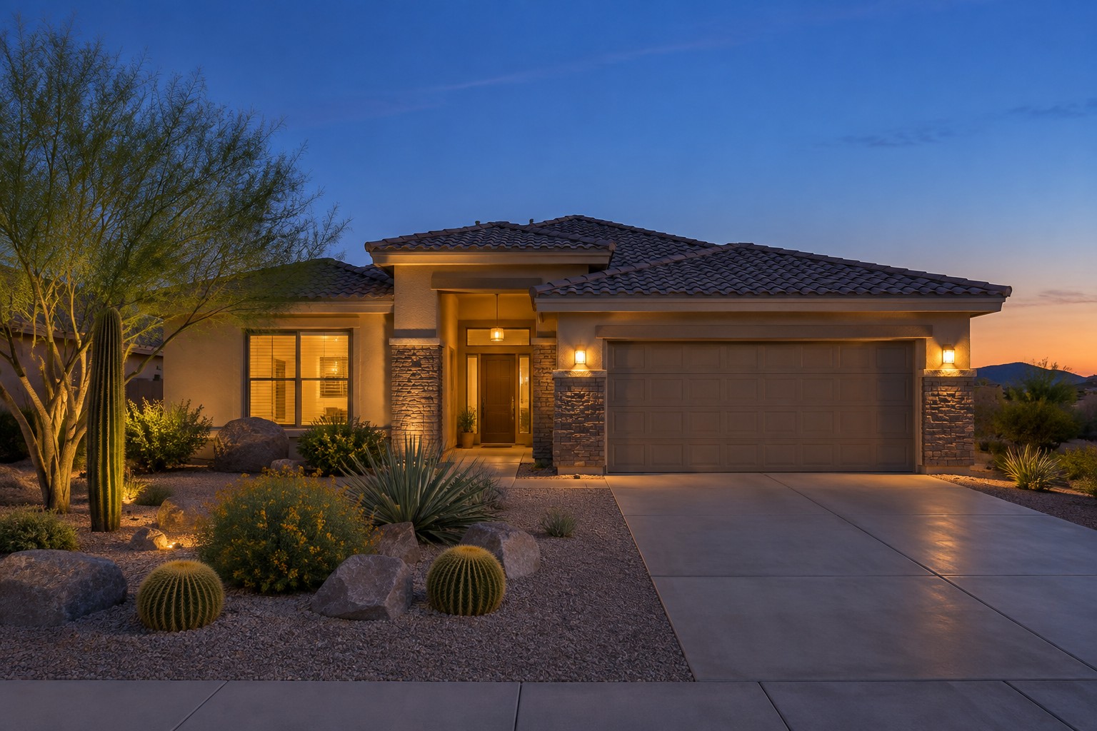 A Phoenix-area home exterior at dusk, illustrative